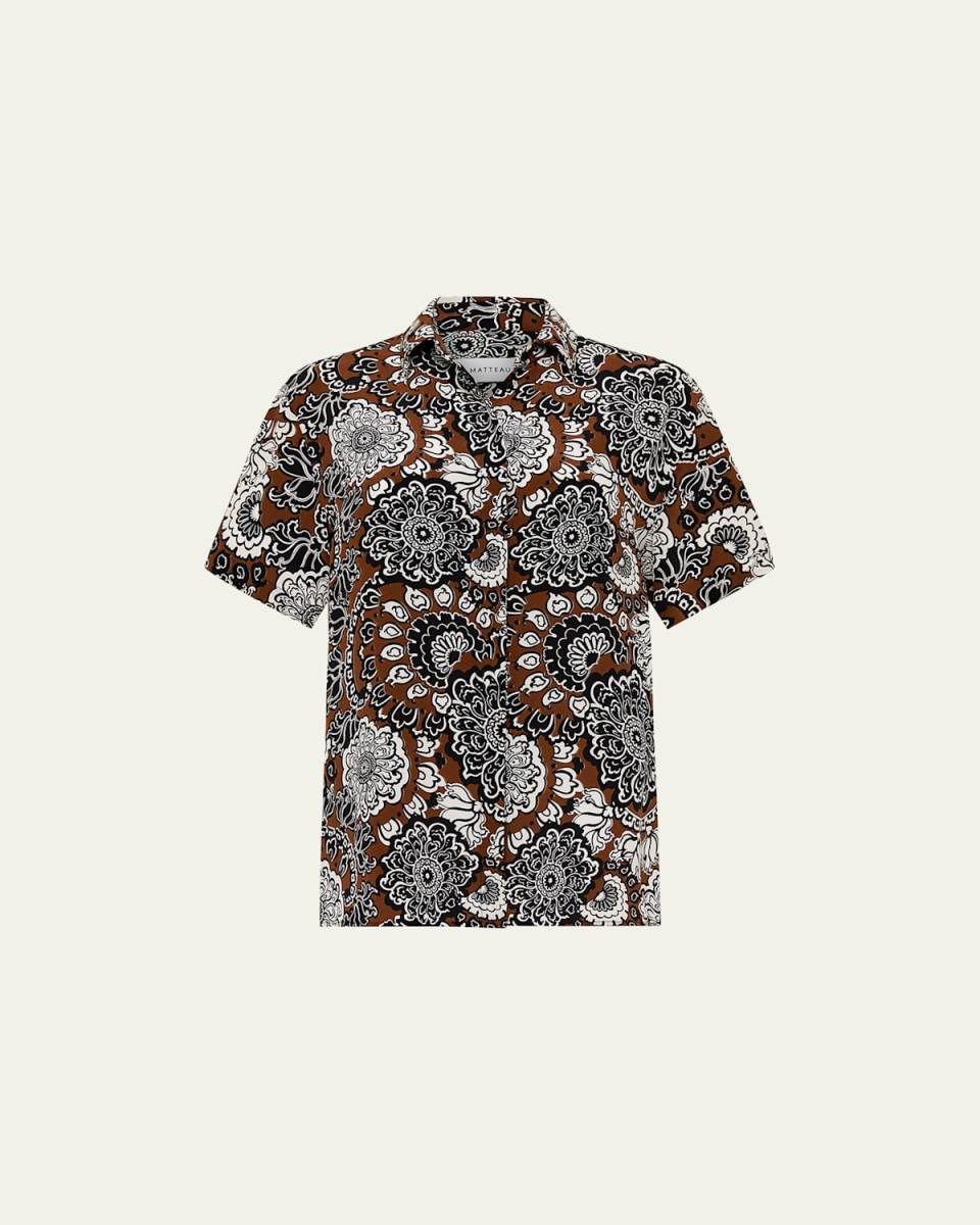 Printed Short-Sleeve Oversized Silk Shirt
